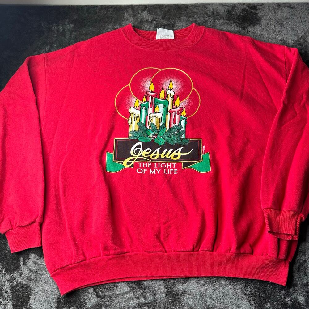 Vintage Christmas Jesus The Light of My Life Red Sweatshirt Size 2XL Christian